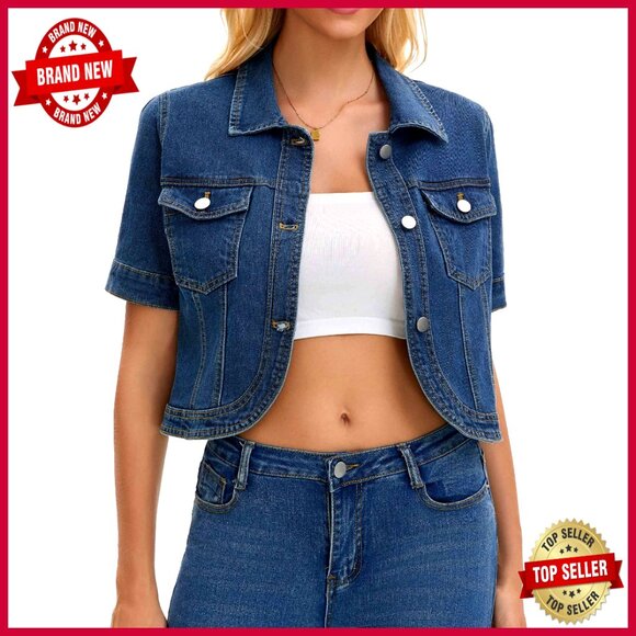 Short Sleeve Denim Jacket with Pockets Button Down Casual Cropped